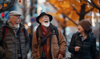 Fototapeta premium Happy group of senior people smiling at camera together outside - Delightful older friends enjoying day out walking on city street - Aged male and females pensioners hugging together outdoors
