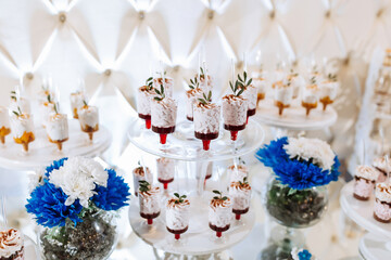A table with a variety of desserts, including cupcakes and fruit tarts, with a blue and white floral arrangement in the background