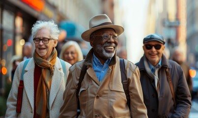 Fototapeta premium Happy group of senior people smiling at camera together outside - Delightful older friends enjoying day out walking on city street - Aged male and females pensioners hugging together outdoors