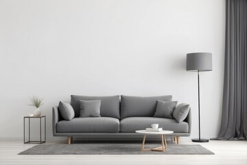 Grey Sofa in a Minimalist Living Room with a Floor Lamp