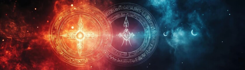 Fototapeta premium A captivating cosmic design featuring contrasting elements of fire and ice, symbolizing balance and harmony in the universe.