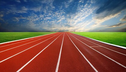 Running track race with green grass and beautiful sky background