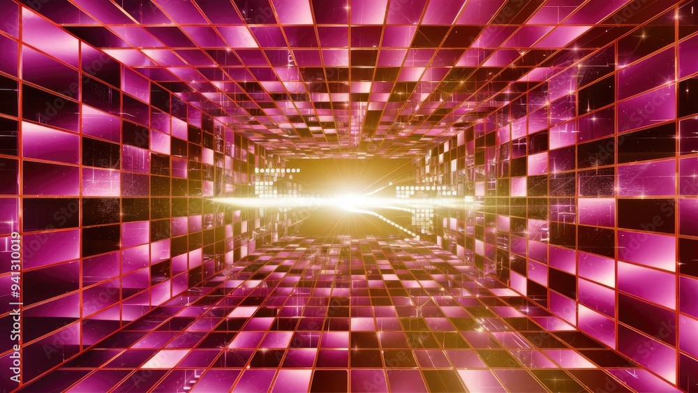 Poster abstract futuristic orange and purple shiny perspective mosaic grid with digital display text and do