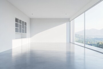 Living room interior with empty shelf and window. Mockup of empty wall.