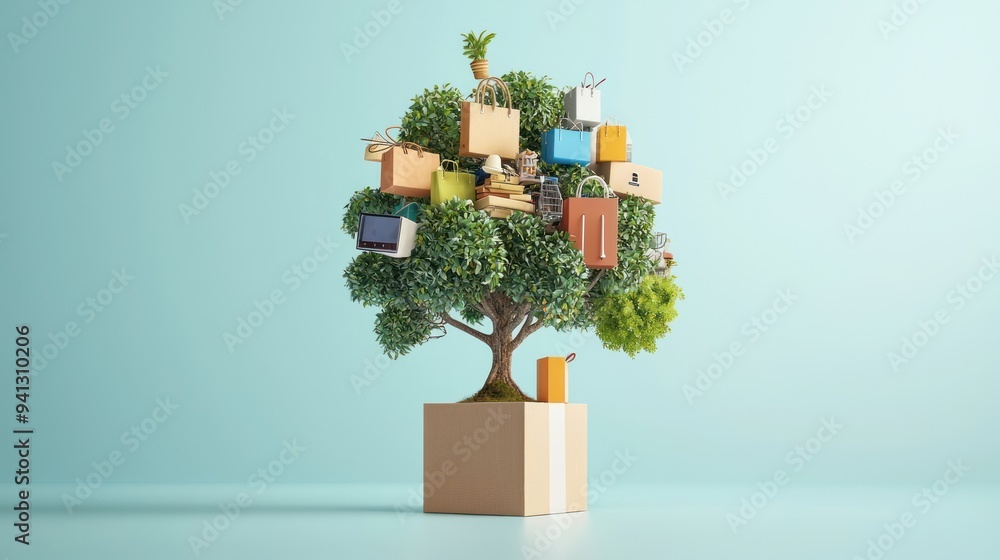 Poster branching out: surreal tree with online storefronts displaying diverse products, symbolizing the gro
