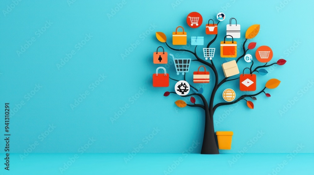 Poster digital diversity: surreal tree with e-commerce storefront branches displaying various product image
