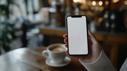 Mockup of a woman's hand holding and using a mobile phone at a coffee shop, showcasing digital communication and technology in a casual setting