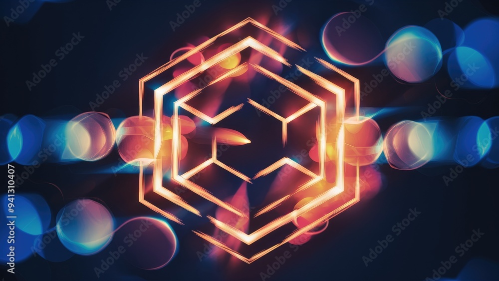 Poster abstract illuminated hexagonal design with bokeh effects on dark background