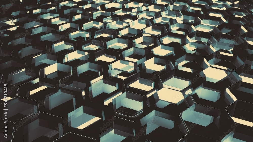 Poster  Abstract Honeycomb Pattern with Wavy Rhombuses. Modern Hexagonal Design for Templates, Reports, and Presentations. Futuristic Sci-Fi Aesthetic. 3D Rendering.