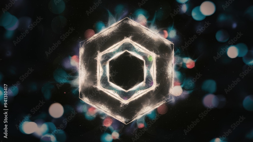 Poster abstract illuminated hexagonal design with bokeh effects on dark background