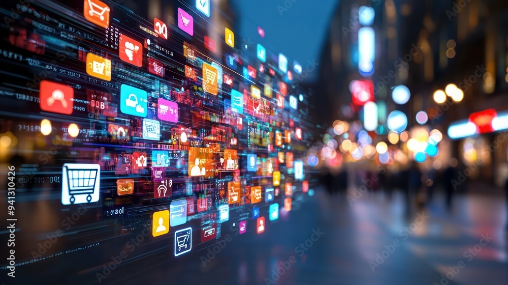 Poster digitized customer journey: navigating through a surreal online marketplace with floating shelves, g