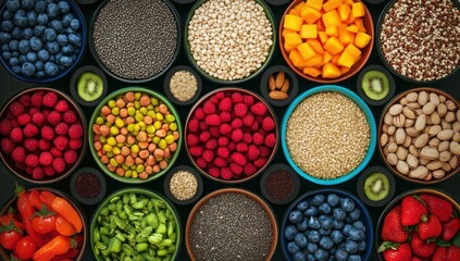 Many types of fruits and vegetables are in the bowls