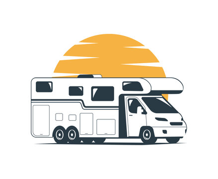 Concept illustration of a logo with a camper van. Vector illustration.