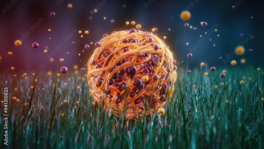 Poster abstract particles in a field - computer-generated 3d render and illustration