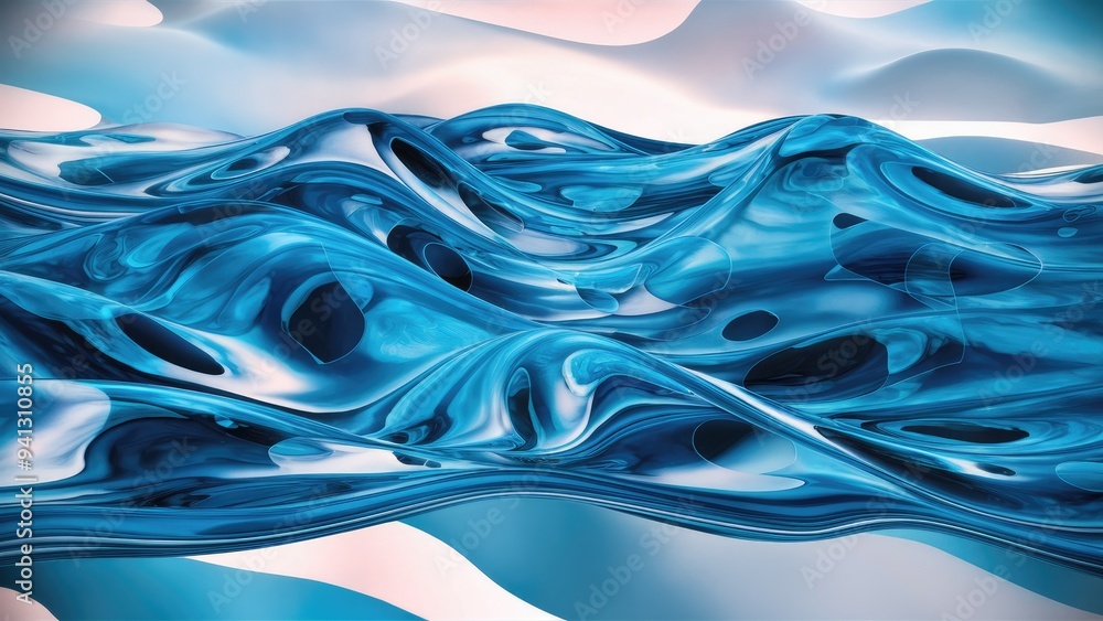 Poster abstract representation of blue water surface with transparent liquid waves - 3d rendering