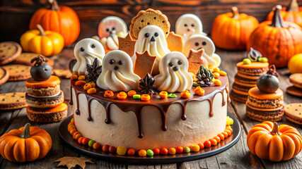 Ghost-Shaped Cake With Chocolate Frosting And Pumpkins.