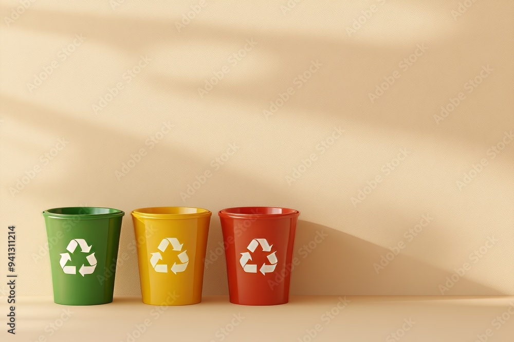 Poster there are different types of trash cans with different colors, and a copy space background