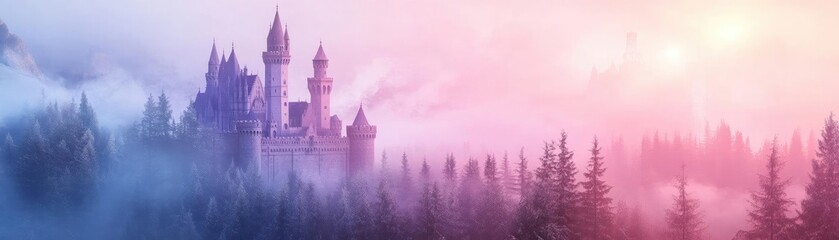A mystical castle surrounded by enchanting forests and soft pastel skies, creating a serene and magical atmosphere.