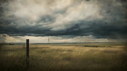 A photograph of an old photo of wind turbines against a cloudy sky, printed on paper with a grainy texture