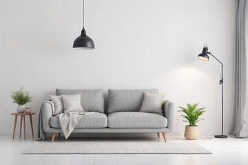 Grey Sofa in a Minimalist Living Room with Two Lamps