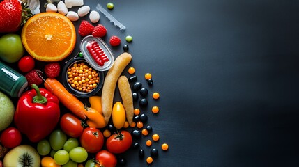 A colorful arrangement of various fruits, vegetables, and nuts on a dark surface.