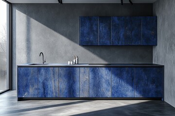 The interior of a dark home kitchen features a counter and shelves containing kitchenware