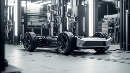 Minimalist A simplified, clean image focusing on the essential shapes and lines of an electric vehicle chassis, with a subtle hint of the factory environment in the background