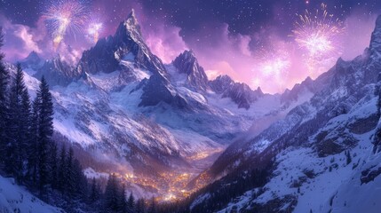 New Year fireworks illuminating a snowy mountain landscape in vibrant colors. 2025 new year fireworks display.