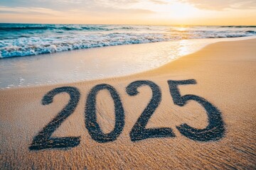 A Happy New Year 2025 concept is written on the sea's surface at sunrise.