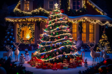 Naklejka premium Christmas Light Displays. A night-time photo of a house or neighborhood adorned with elaborate Christmas light displays, showcasing outdoor decoration services or lighting products. Blue Christmas