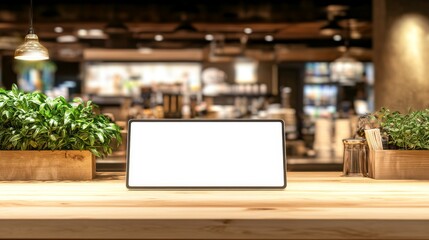 Fototapeta premium The kiosk has a blank screen in bright restaurant interior. The design concept is digital marketing and design.