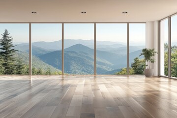 Obraz premium An empty living room with panoramic views and a mock-up wall