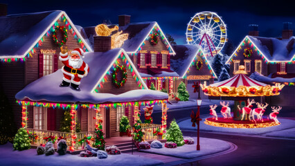 Obraz premium Christmas Light Displays. A night-time photo of a house or neighborhood adorned with elaborate Christmas light displays, showcasing outdoor decoration services or lighting products. Blue Christmas