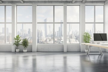 Obraz premium Computer monitors lined up in a row, panoramic window. Mockup wall of the coworking interior.