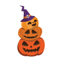 Stacked Carved Pumpkins Glowing on Halloween