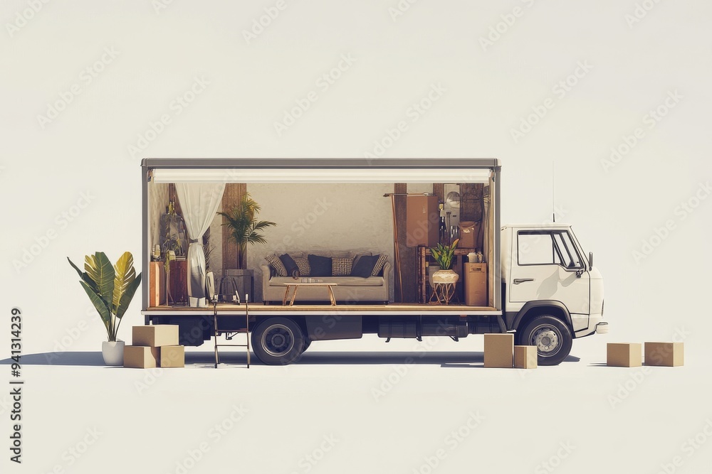 Poster moving and relocation company with sofas and boxes near trunk.