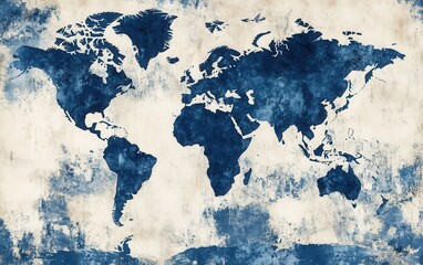 Obraz premium There exists a blue and white map of the world displayed on a brown background