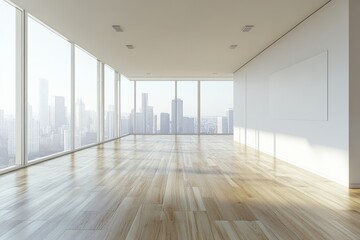Obraz premium Empty room in modern apartment, skyscrapers visible through panoramic window