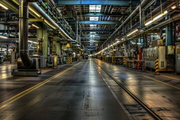 Fototapeta premium A large industrial building with a train stopped on the track, ready for transport or maintenance