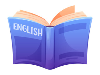 English textbook on white background. Drawn blue book, manual for schoolchild, student. Vector icon