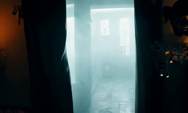 Camera flying through a haunted house attraction, with jump scares and spooky decorations. First person view. 