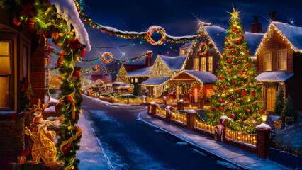 Fototapeta premium Christmas Light Displays. A night-time photo of a house or neighborhood adorned with elaborate Christmas light displays, showcasing outdoor decoration services or lighting products. Blue Christmas
