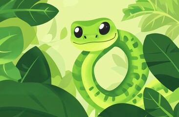 A cartoon illustration of a snake in the green, according to the Chinese zodiac. Happy Chinese New Year 2025.