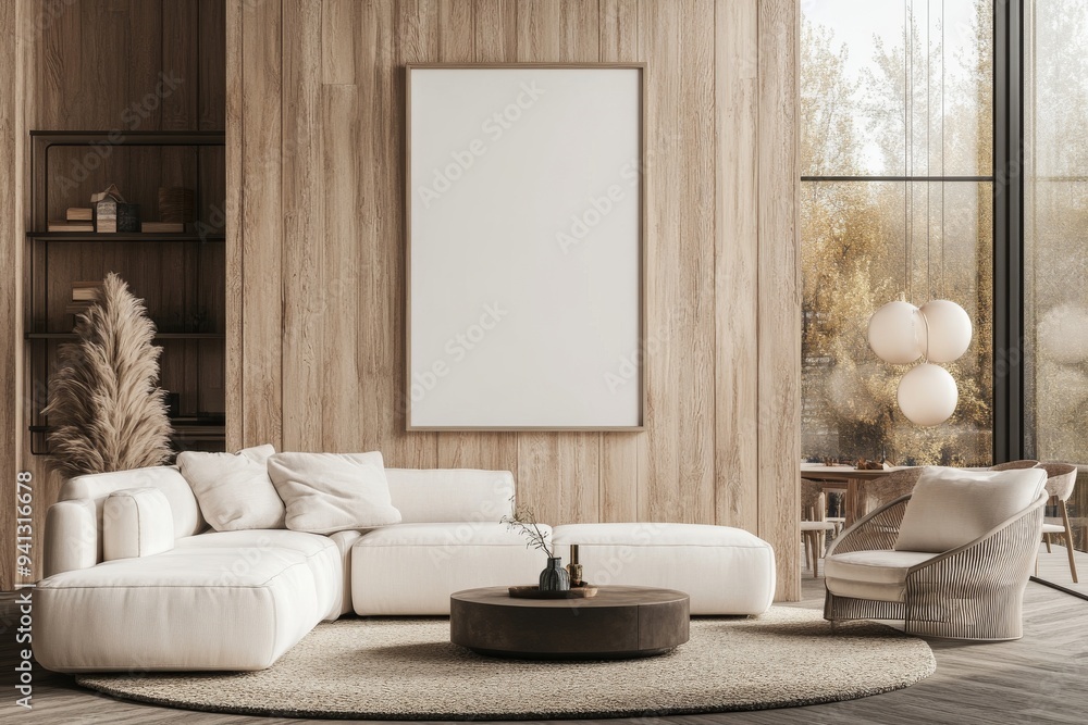 Sticker The living room interior of a wooden home with a sofa and eating table, mockup frame