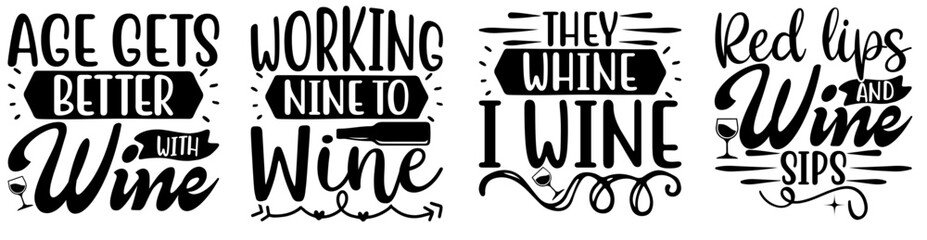 Cute Wine Calligraphic Lettering, Invitation Bundle Vector Illustration for Social Media Post, Infographic, Packaging