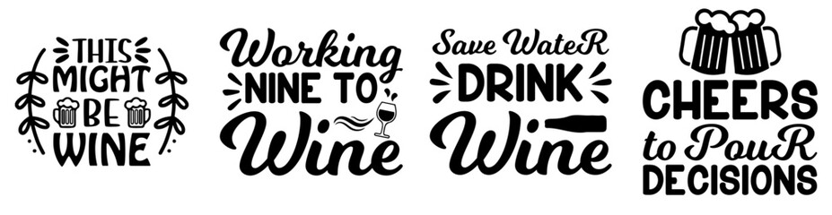 Colourful Wine Calligraphy, Trendy Retro Style Illustration Bundle Vector Illustration for Infographic, Gift Card, Motion Graphics