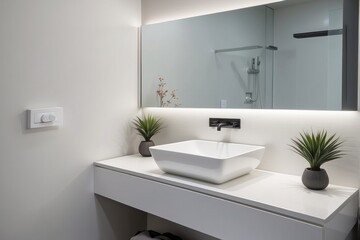 Modern Bathroom Vanity with White Sink and Plants