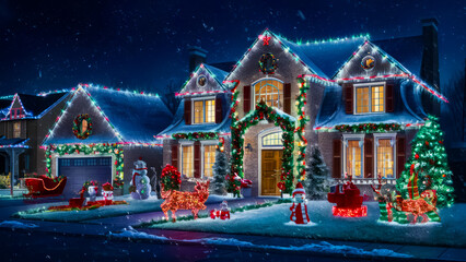 Fototapeta premium Christmas Light Displays. A night-time photo of a house or neighborhood adorned with elaborate Christmas light displays, showcasing outdoor decoration services or lighting products. Blue Christmas