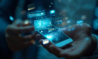 Fototapeta premium In a hologram, a businesswoman is shopping online through her phone and credit card
