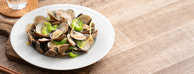 Fried Loofah gourd with Clam, Taiwanese homemade local food.